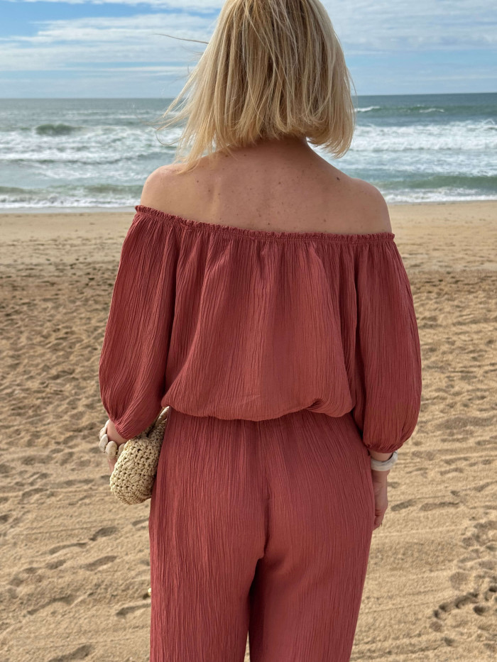 Ensemble Top crop Bardot et pantalon à nouer