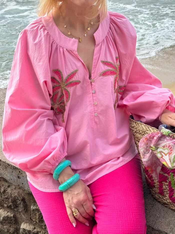 Blouse bohème rose perles