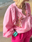 Blouse rose palmier perles