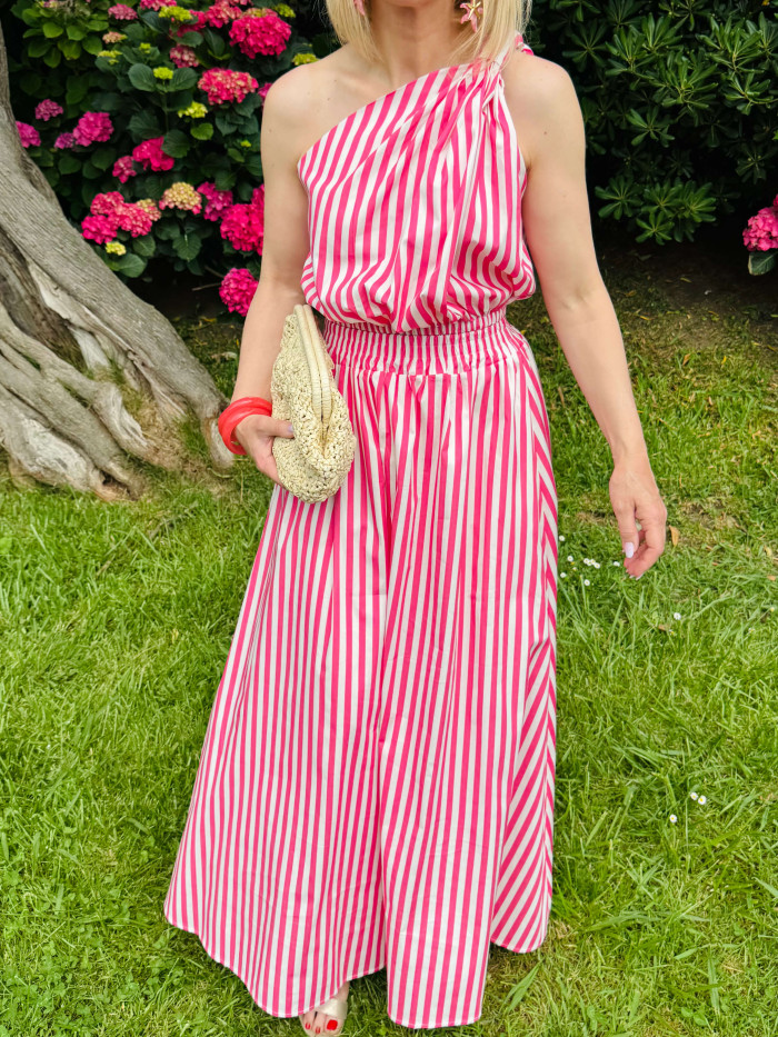 Ensemble top et jupe rayés rose