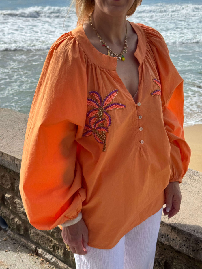 Blouse bohème brodée orange