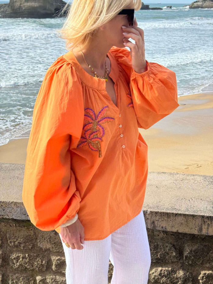 Blouse bohème brodée orange