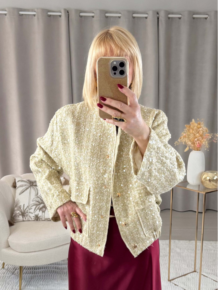 Veste tweed à séquins dorés