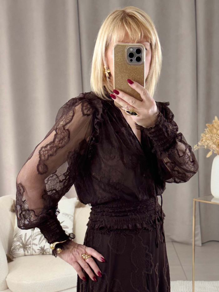 Blouse en dentelle smockée chocolat September