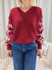 Pull rouge bordeaux col v manches motifs Kilky