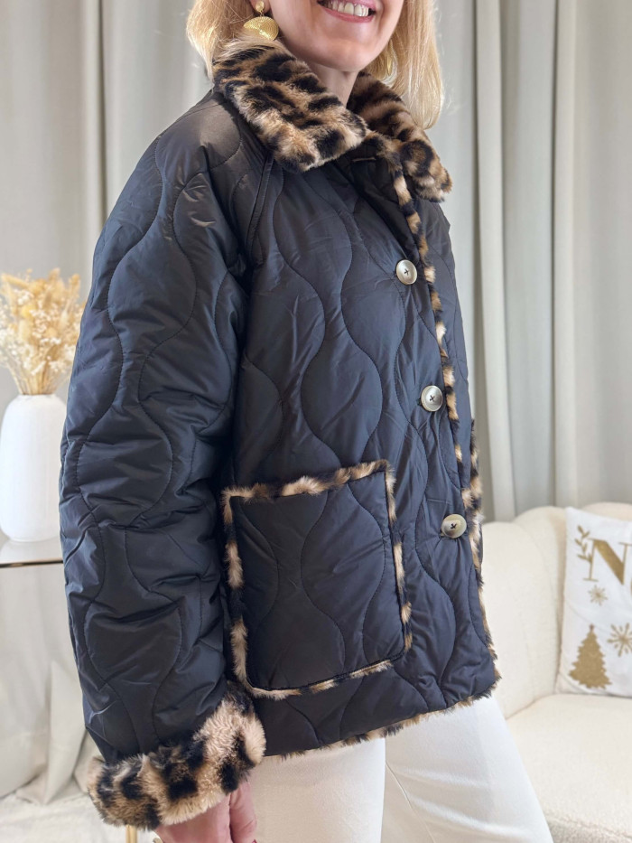 Doudoune réversible fausse fourrure léopard