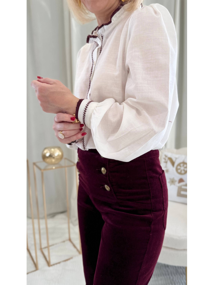 Chemisier écru broderie rouge bordeaux