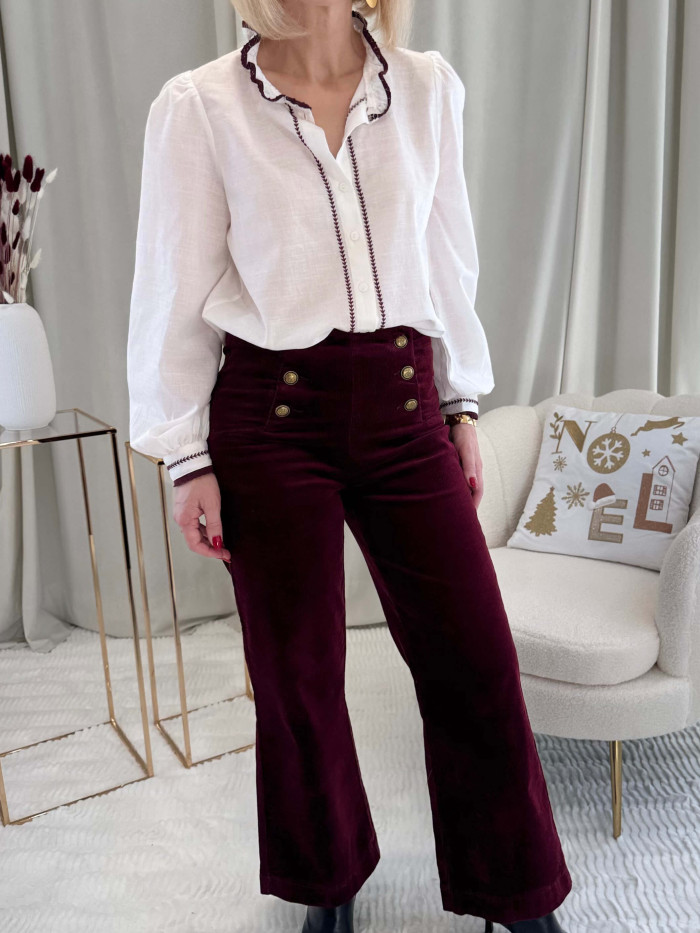 Chemisier blanc broderie rouge bordeaux