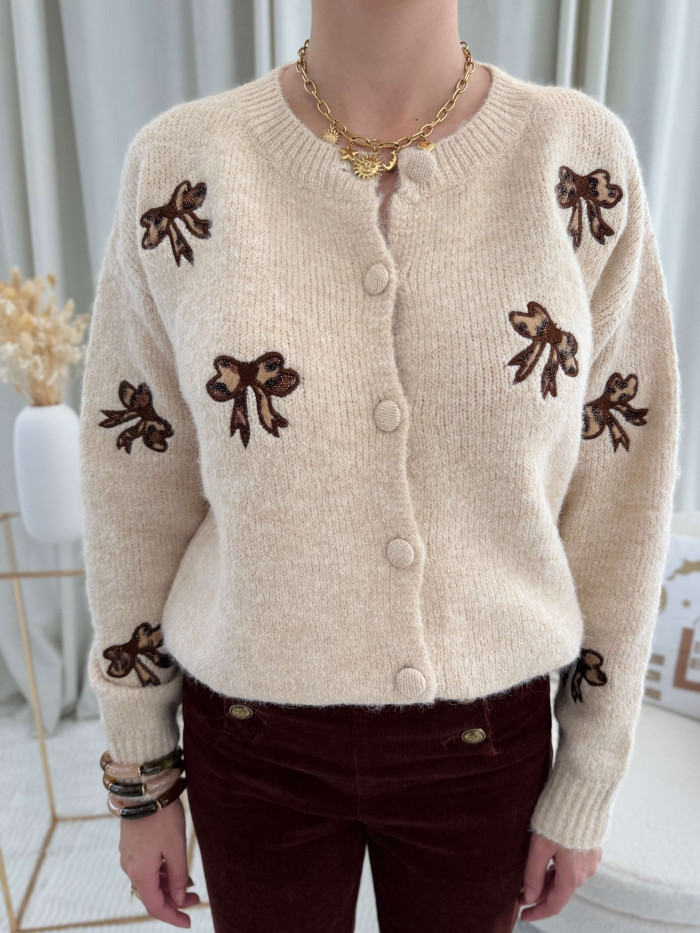 Gilet manches longues noeuds motif léopard doré