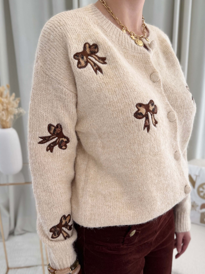 cardigan veste gilet beige écru noeuds léopard manches longues