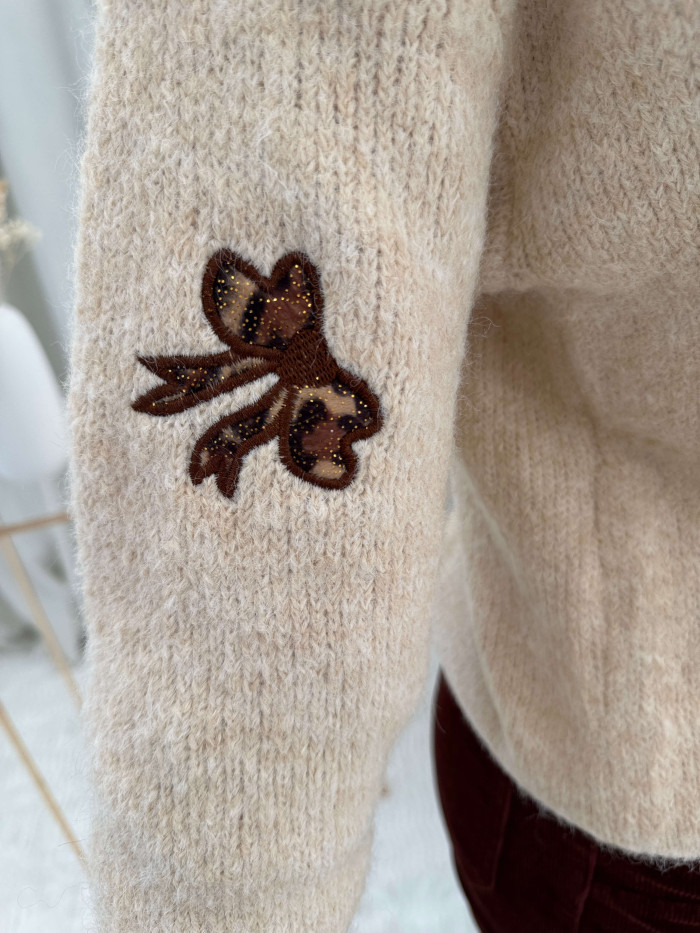 cardigan veste gilet beige écru noeuds léopard manches longues