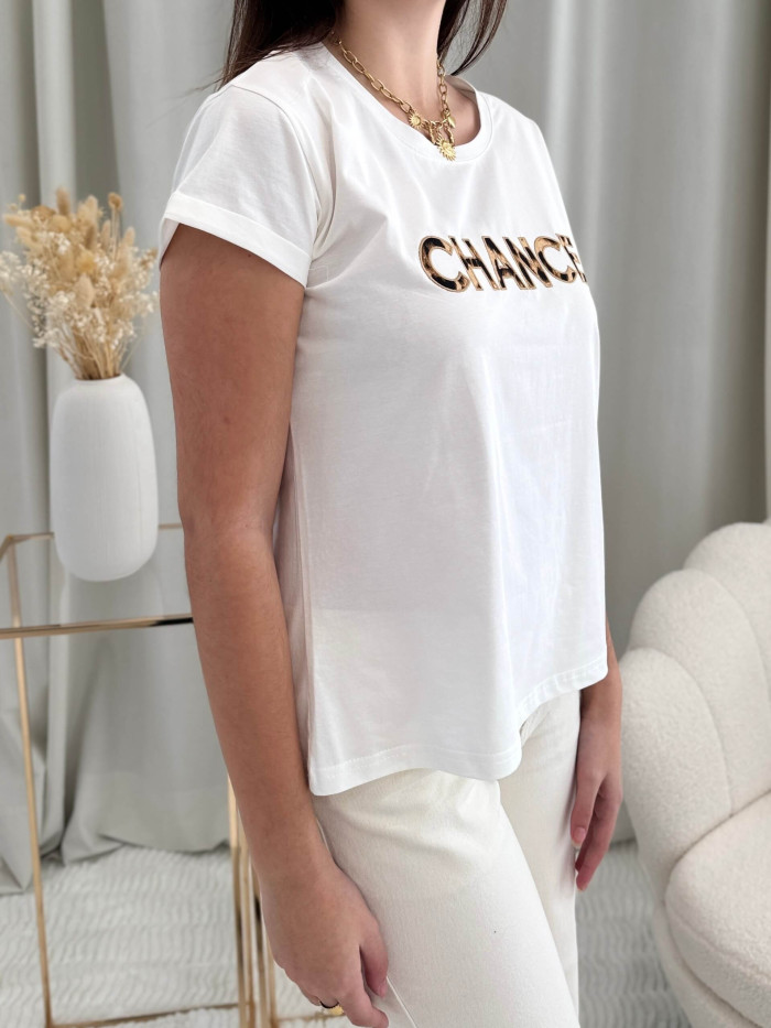 Tee-shirt-inscription-chance-léopard-coton-manches-retroussées