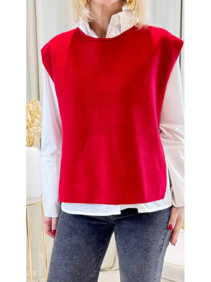 pull-sans-manches-rouge-boutons-dorés