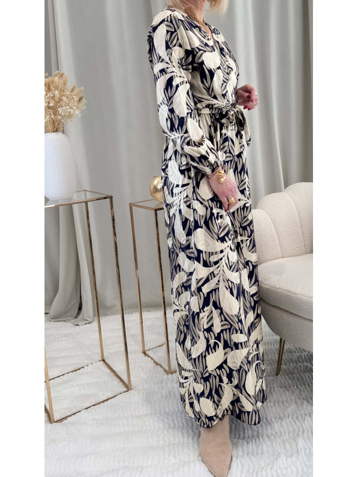 Robe longue noir/écru/doré