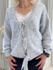 Cardigan manches longues gris dentelle blanche liens à nouer