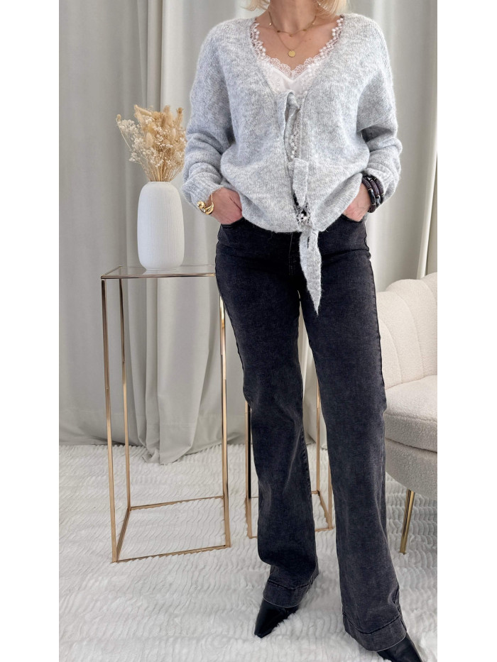 Cardigan manches longues gris dentelle blanche liens à nouer