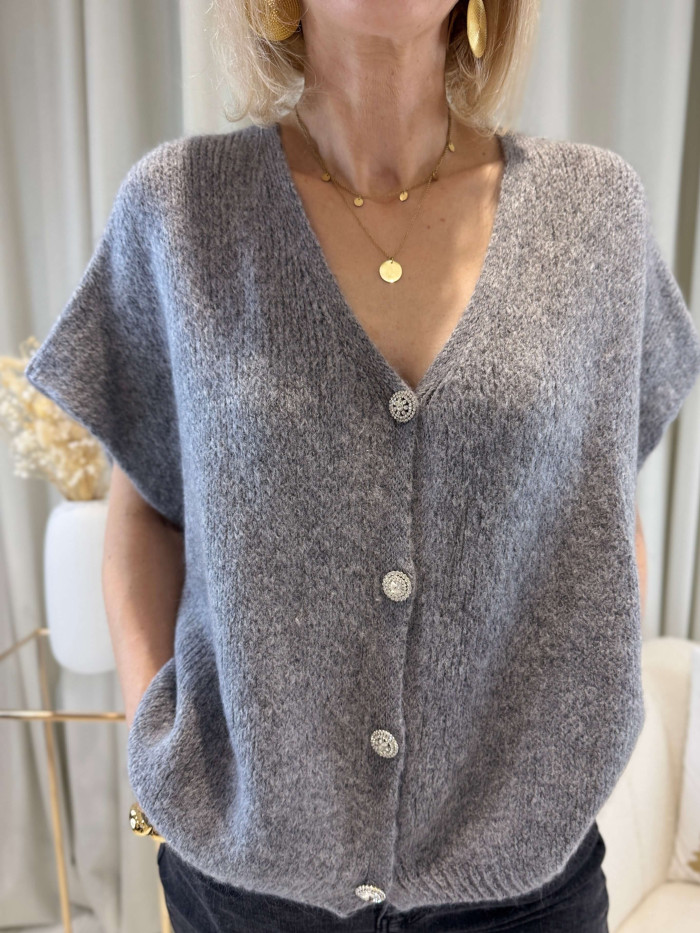 Gilet sans manches gris boutons strass