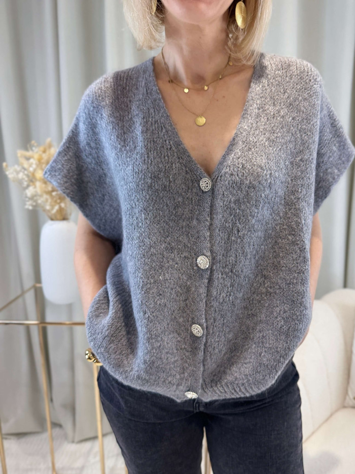 Gilet sans manches gris  boutons strass