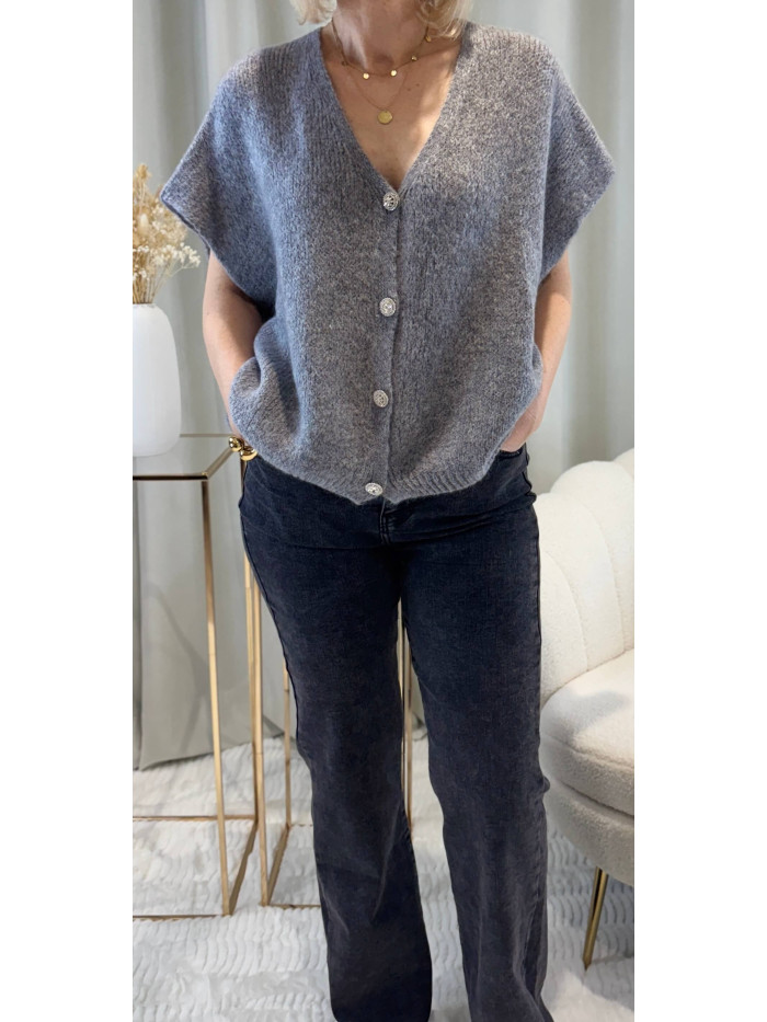 Gilet sans manches gris boutons strass