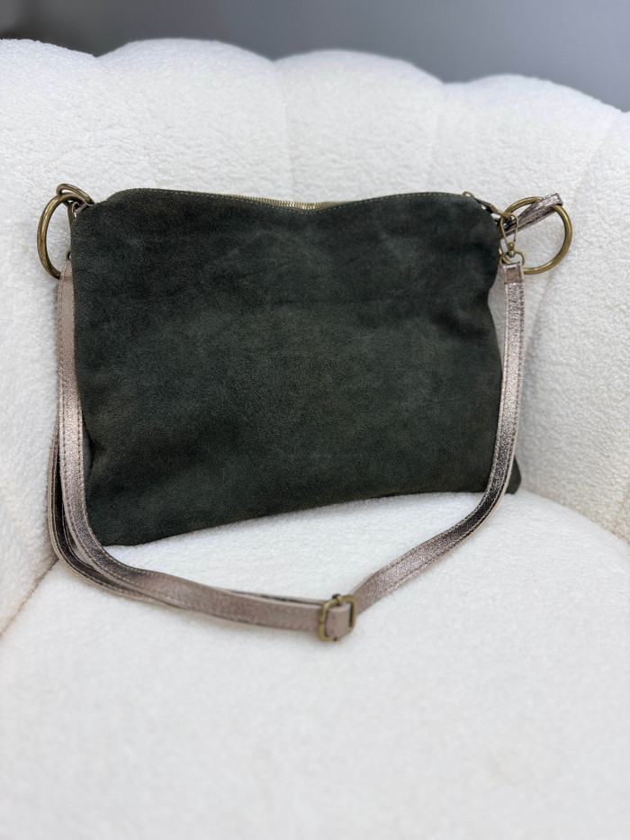 Sac en cuir suédé kaki anses en cuir irisé