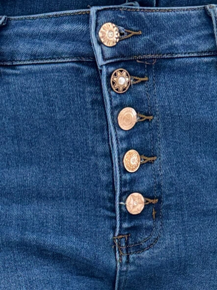 Jeans bleu elasthanne polyester coton boutons dorés