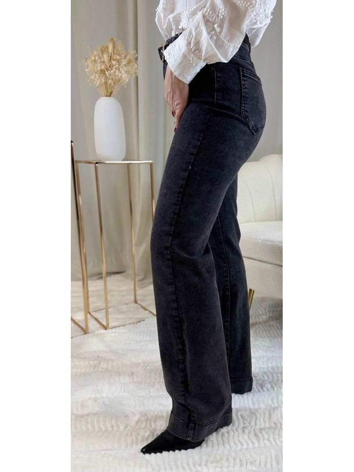 Jeans wide leg noir stretch taille haute