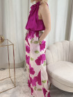 Pantalon blanc à fleurs fuchsia