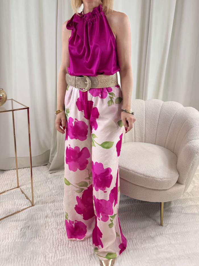 Pantalon blanc à fleurs fuchsia