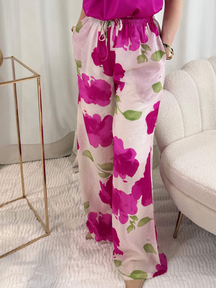 Pantalon  blanc fleurs fuchsia