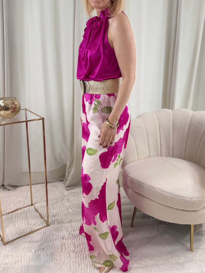 Pantalon blanc à fleurs fuchsia