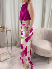 Pantalon blanc à fleurs fuchsia